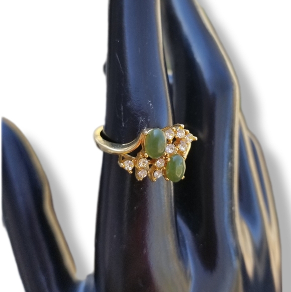 Vintage 18K Electroplated Ring • Genuine Jade & Austrian Crystals • Cocktail Sty - Picture 6 of 6